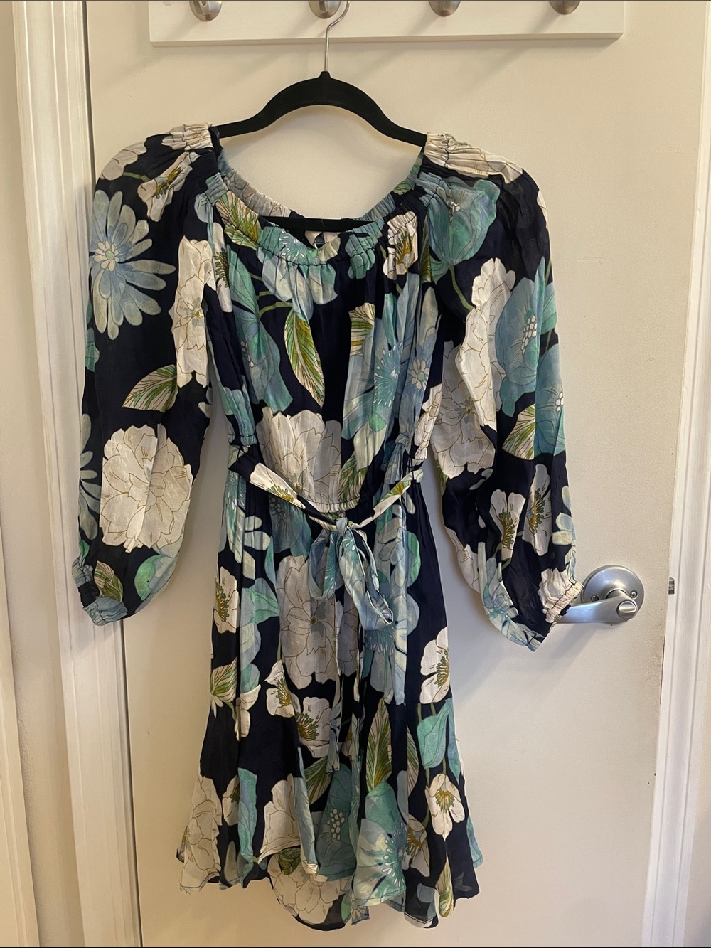LOFT Navy Floral Tie-Waist Off-Shoulder Mini Dress